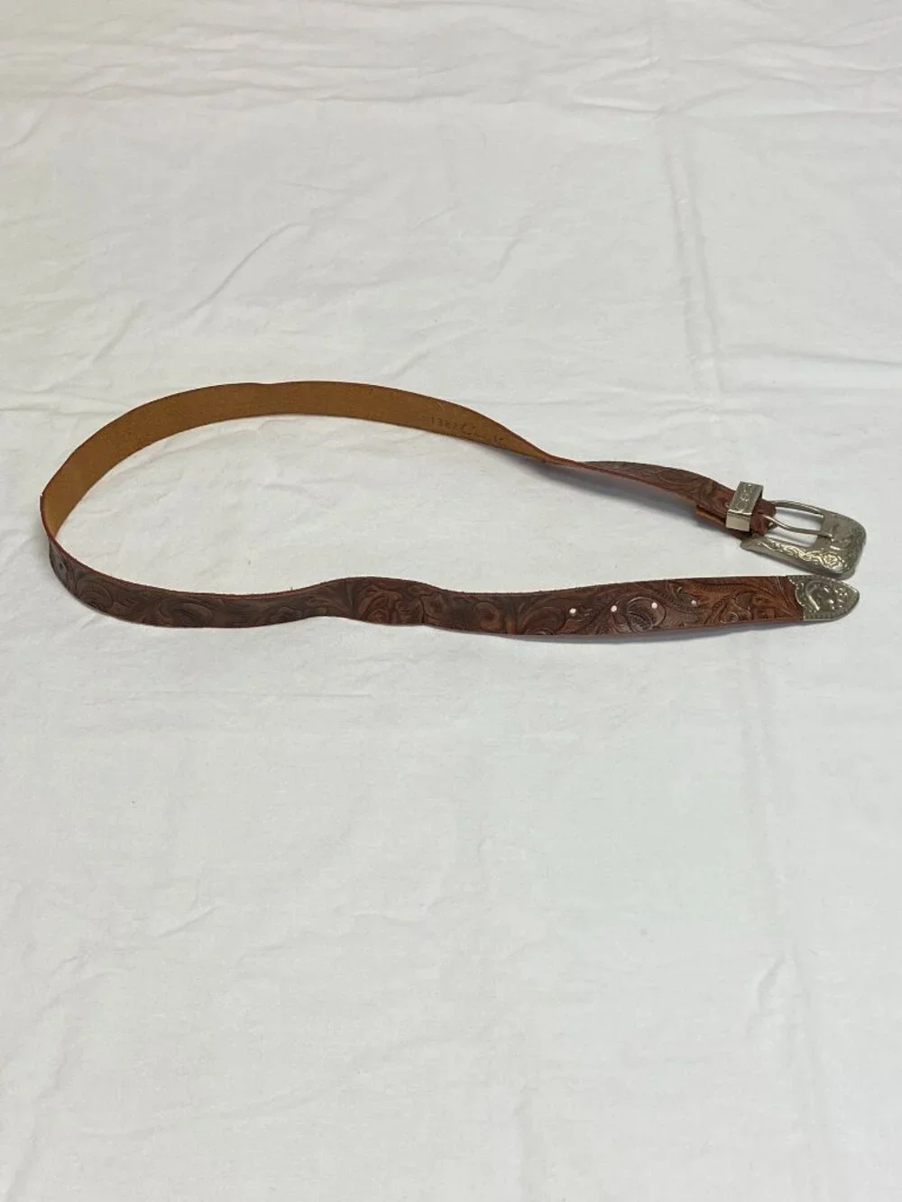 C&ck Tooled Leather Ornate Silver Tone Buckle Narrow Belt Brown Cowgirl Western